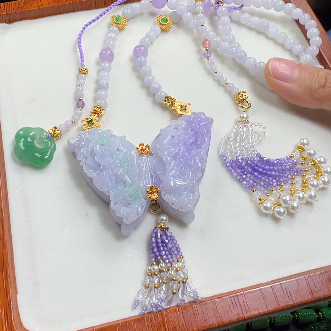 翡翠未镶嵌毛衣链高品冰紫蝴蝶