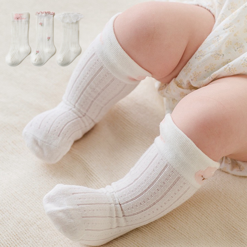 婴儿春夏季无骨蝴蝶结薄款小腿袜0-6月宝宝蕾丝花边袜
