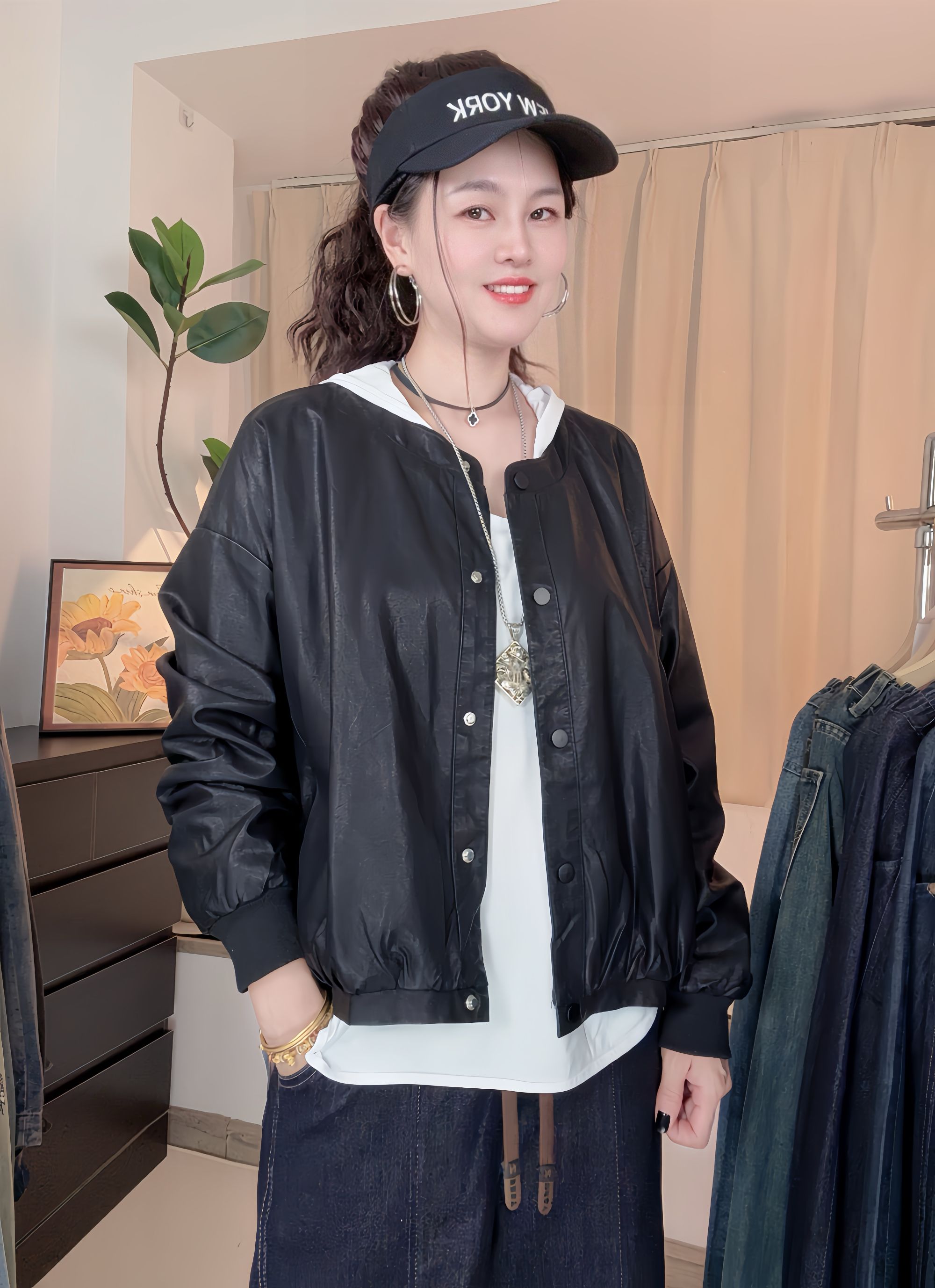 2025早秋新款百搭宽松休闲蛋白皮衣外套韩版显瘦单排扣长袖PU上衣