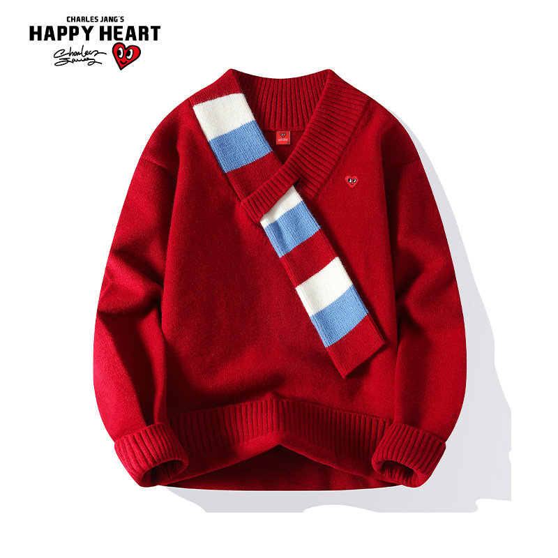 查尔斯桃心拼色围巾设计感V领毛衣男女秋冬季加厚软糯慵懒学院风