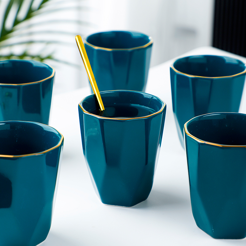 句途金边祖母绿水杯4个装280ml茶杯家用喝陶瓷水杯办公水杯