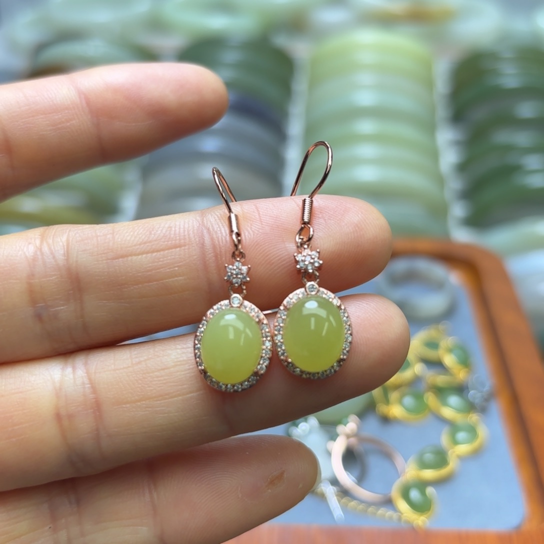 和田玉耳饰银S925镶嵌