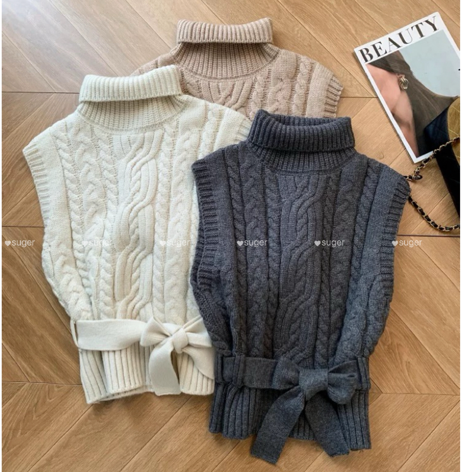 【首尔学姐/高领麻花系带马甲毛衣】复古慵懒感百搭气质套头毛衣