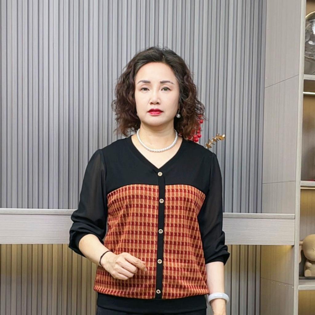 长袖常规V领中老年女装拼接格子时尚中老年小衫秋季妈妈装上衣