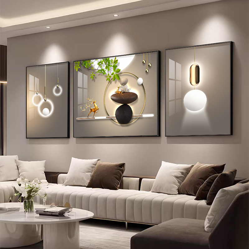 石来运转客厅装饰画轻奢大气沙发背景墙挂画现代高级感三联壁画