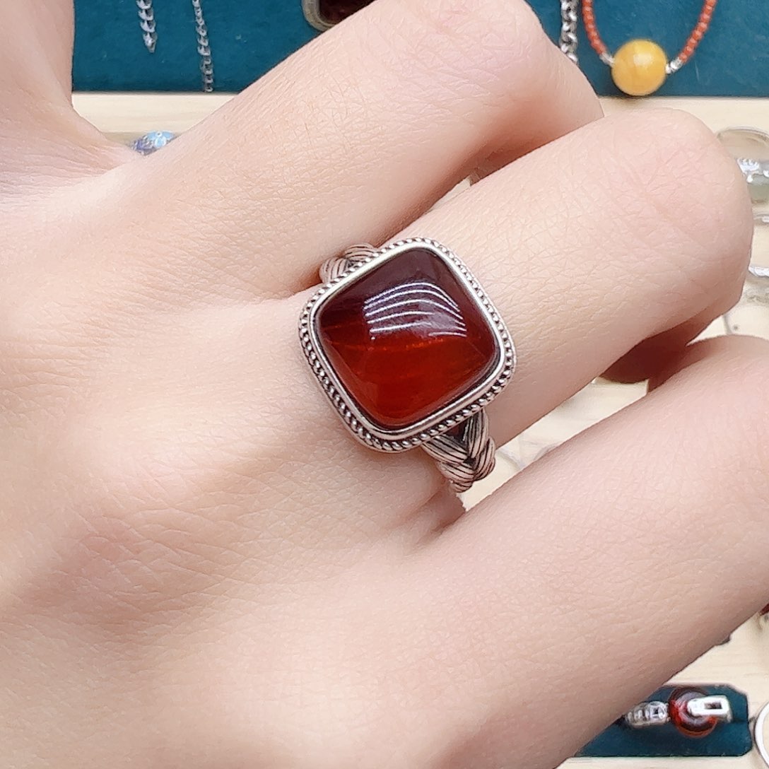 血珀戒指银S925镶嵌天然