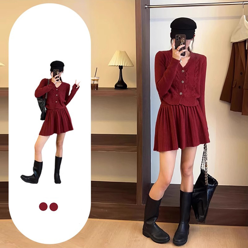 红色针织连衣裙女夏装季短裙子穿搭小个子香风毛衣裙套装清仓H885