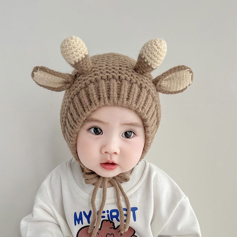 秋冬婴儿帽可爱超萌手工鹿角针织帽宝宝护耳帽加厚保暖儿童毛线帽