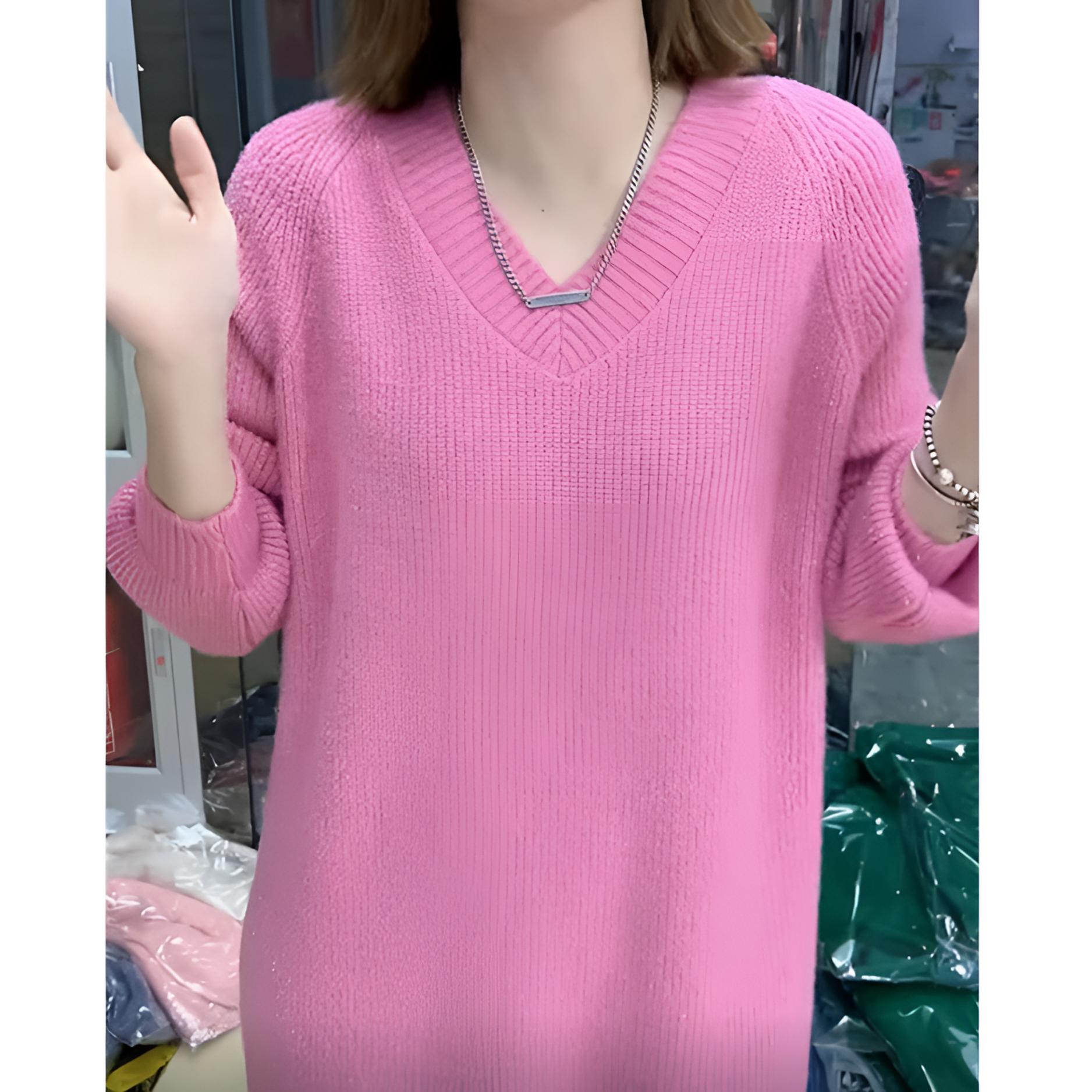 2025慵懒风V领亮闪简约打底衫女秋冬保暖气质中长款毛衣针织衫