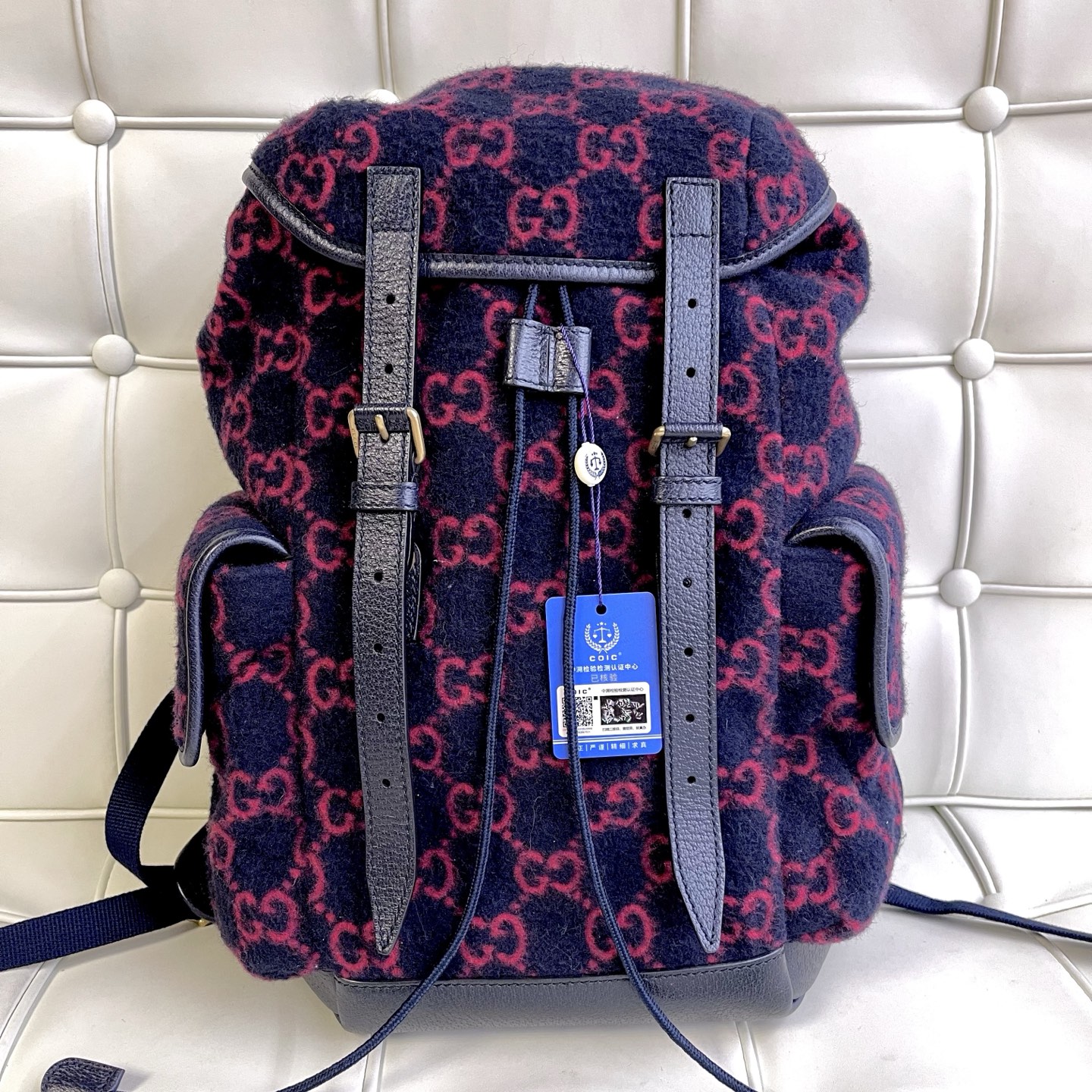 95新 GUCCI/古驰 119993 古驰红色丝绒双肩包书包