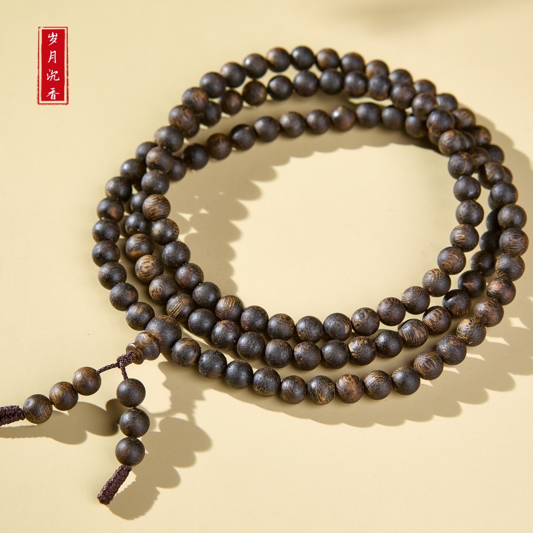 沉香【收藏级】06全沉级圆珠多圈海南绿奇楠沉香手串结油饱满