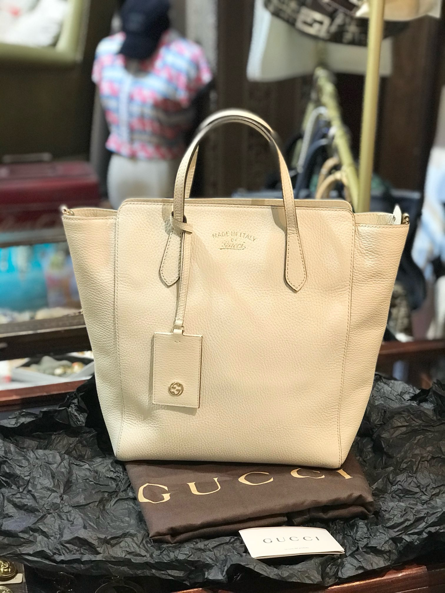 95新 GUCCI/古驰 米色全皮托特手提包 