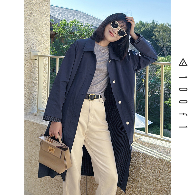 蓝调格纹长款风衣 100棉轻盈有型 内里格纹拼接 层次感拉满F10012