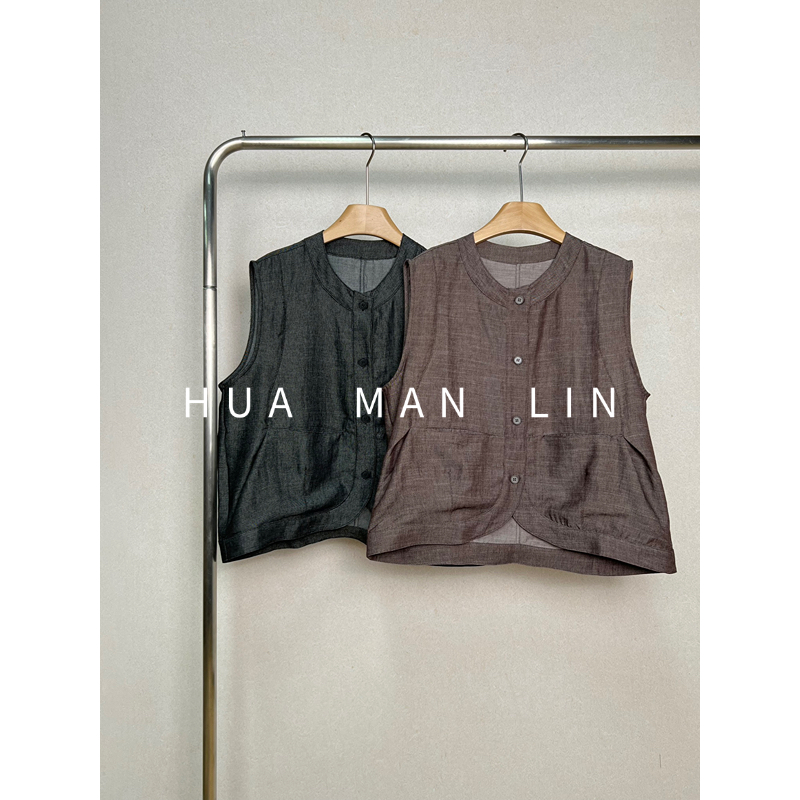 【花满林】两色圆领正门襟明线下摆弧形马夹25252