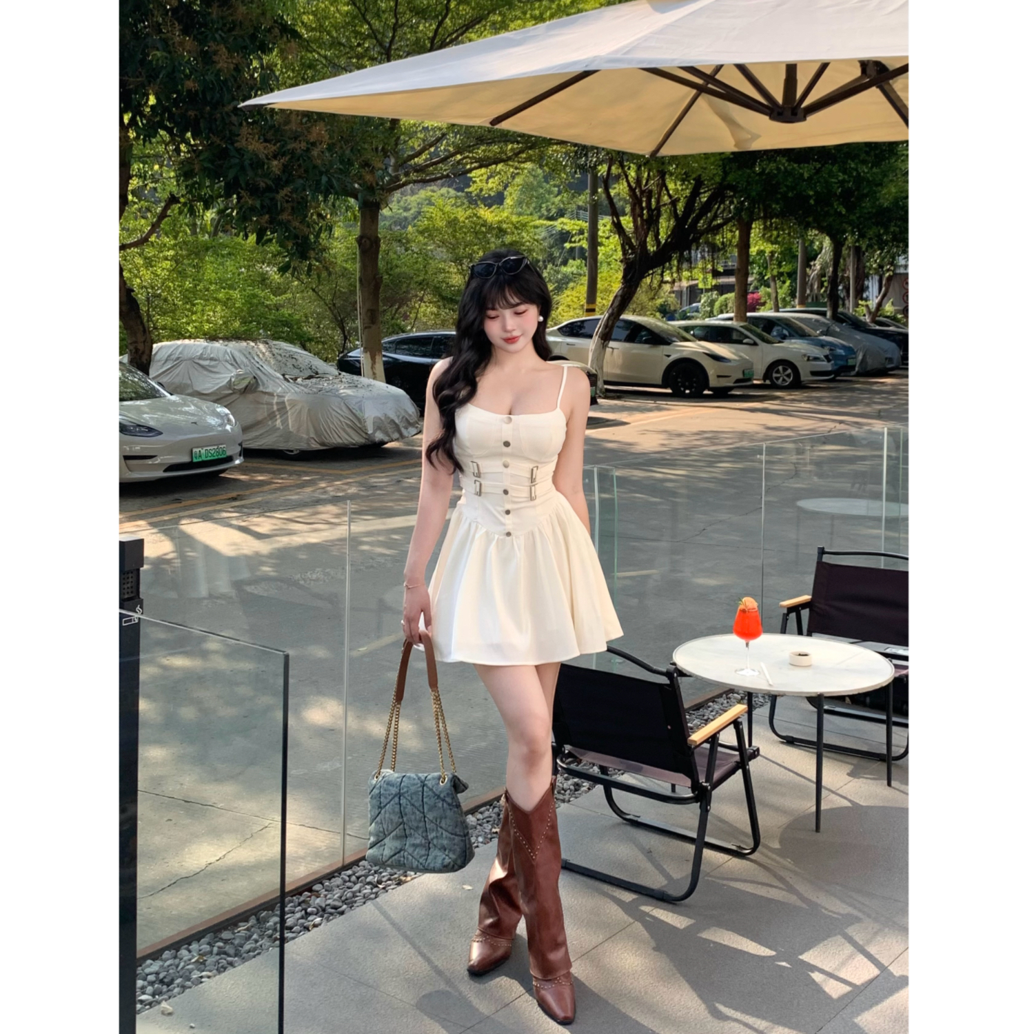 清清萌面侠芝士【钓系姐姐】重工收腰显瘦连衣裙A字吊带裙5058