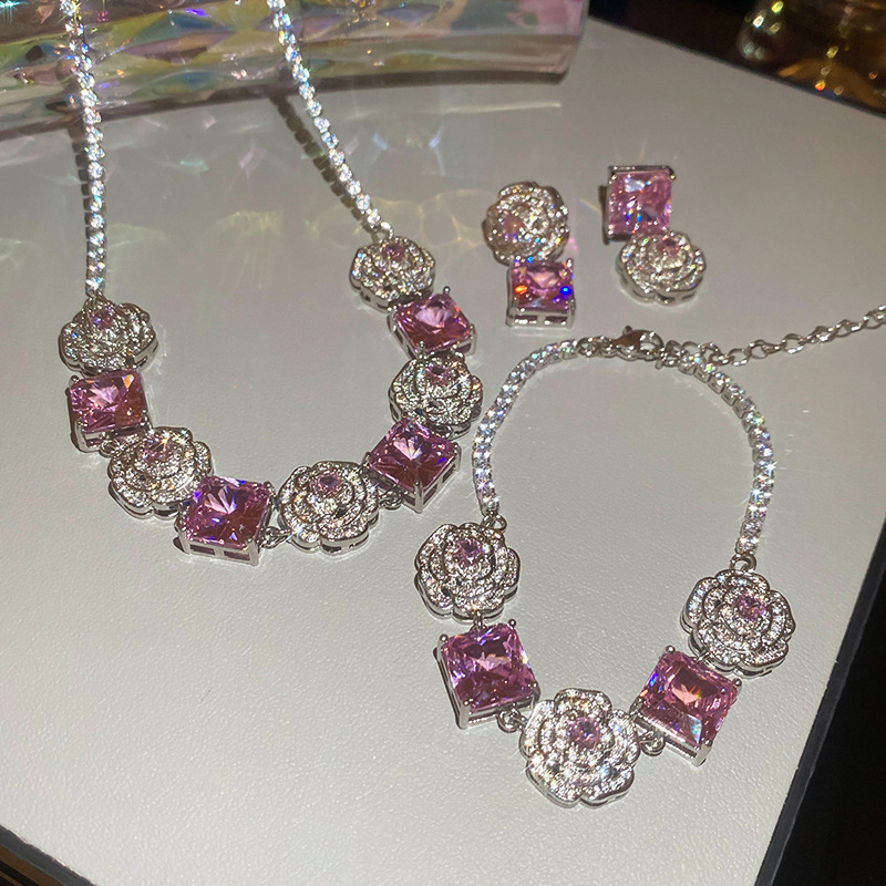 铜合金项链 1205锆石花朵手链项链锁骨链轻奢高级感百搭耳环A