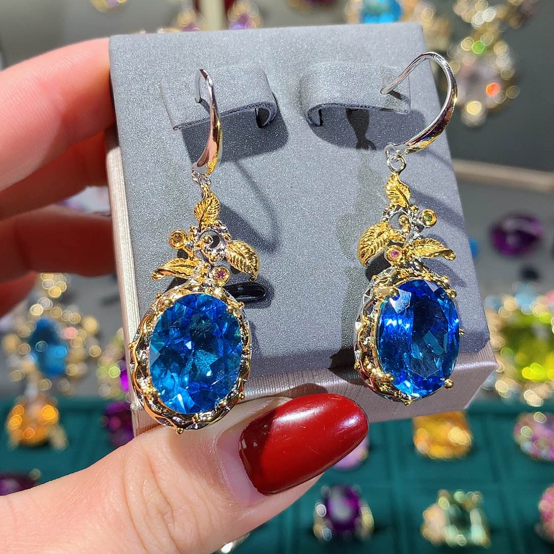 托帕石耳饰银S925镶嵌耳饰