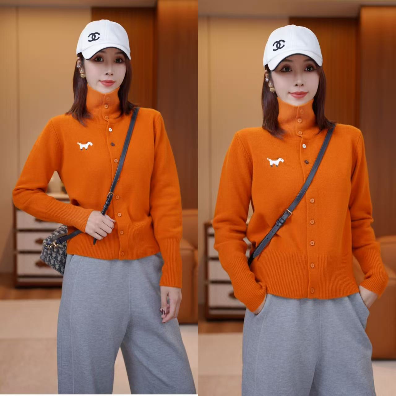 JDND轩羽【小羊开衫】100%羊毛刺绣保暖半高领针织开衫外套XY25600