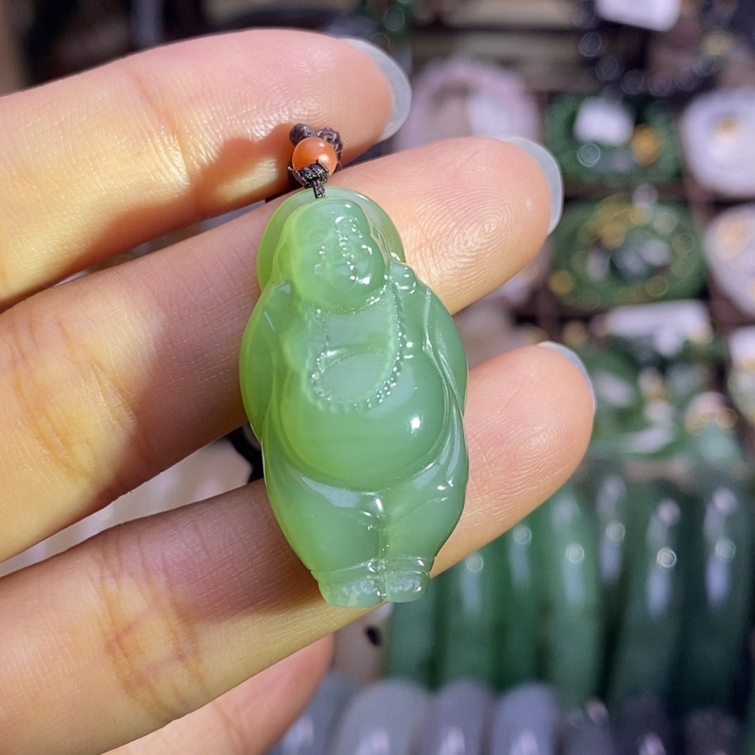 颈饰未镶嵌和田玉毕业级老坑料碧玉猫眼逍遥佛吊坠