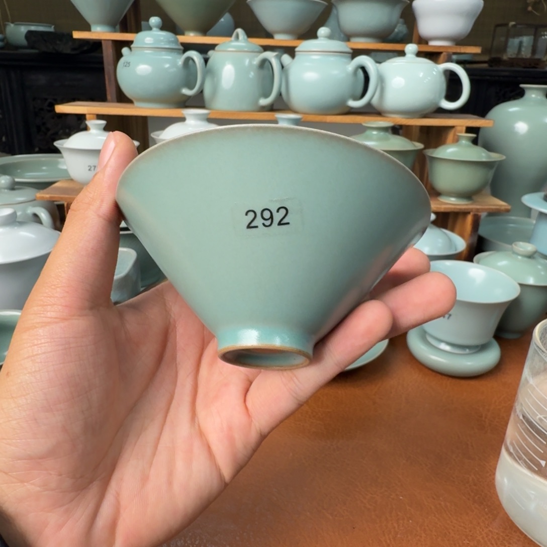 陶摆件一级仿古青绿超薄胎斗笠杯120cc不开片