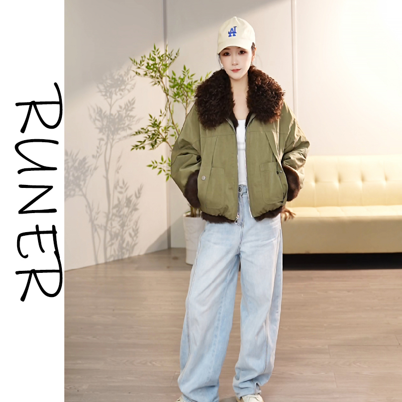 【新号开播】2025新款双面穿兔皮毛一体派克服宽松羊毛皮领短款8599