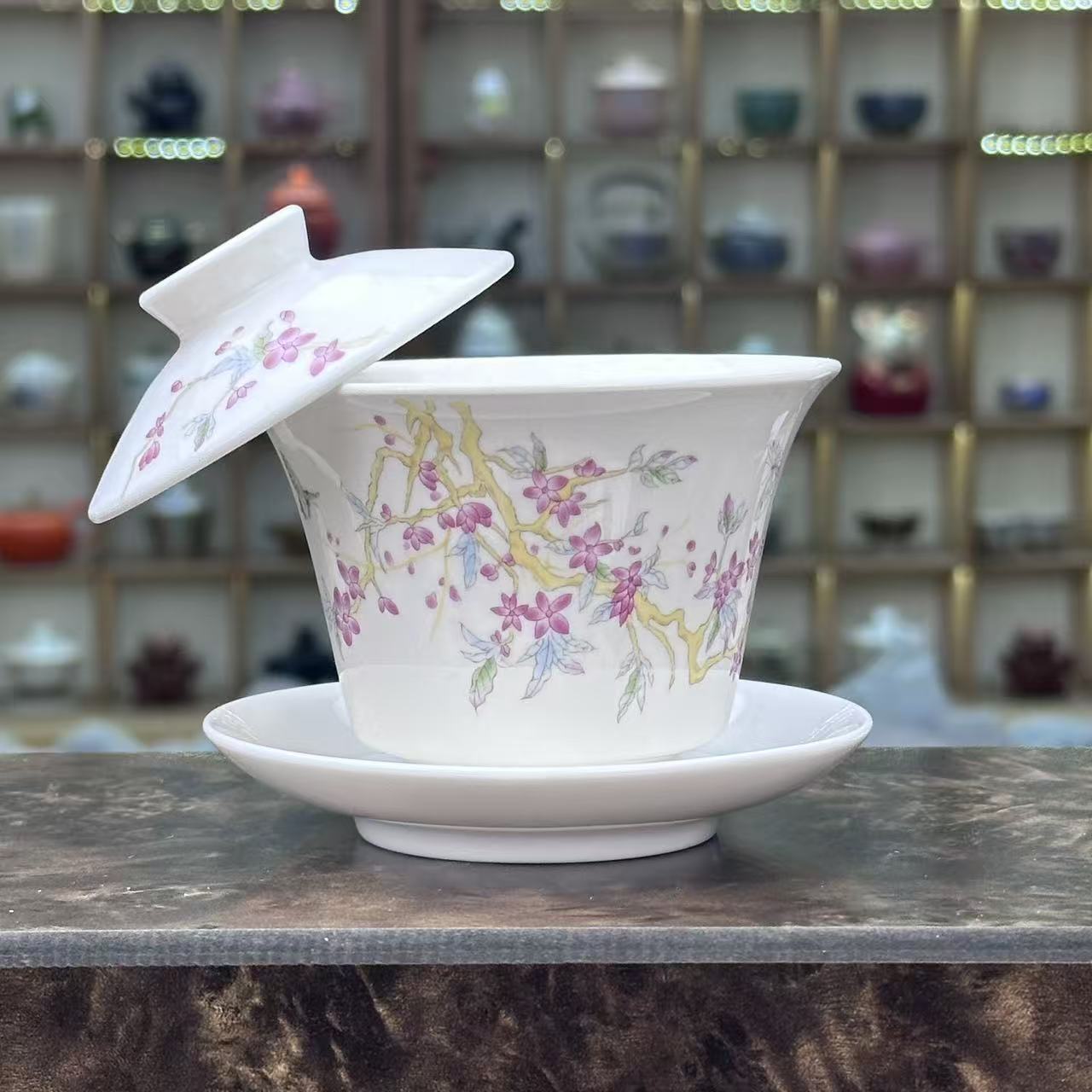 桃花白瓷盖碗w3494