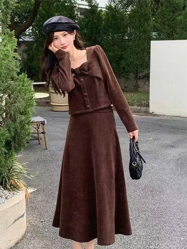 A 【只发新疆】AL809大码复古法式连衣裙两件套