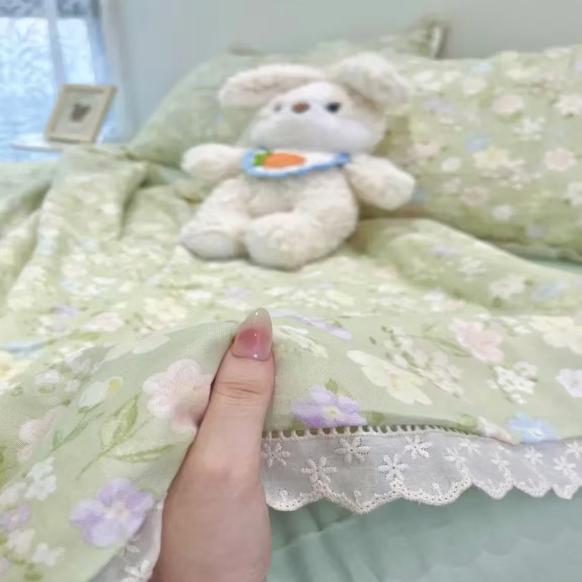 【木槿花夏凉被花边四件套】200*230四季柔软透气夏凉四件套