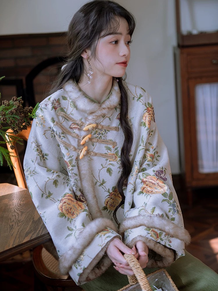 运补6-8【松莺】复古绣花改良旗袍连衣裙新中式提花加绒外套女秋冬