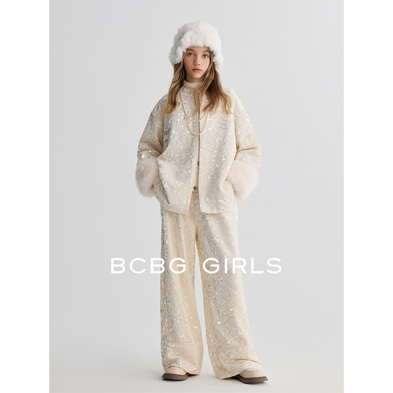 BCBG GIRLS冬季时尚珠片套装女童保暖新中式毛袖丝绒外套+裤子