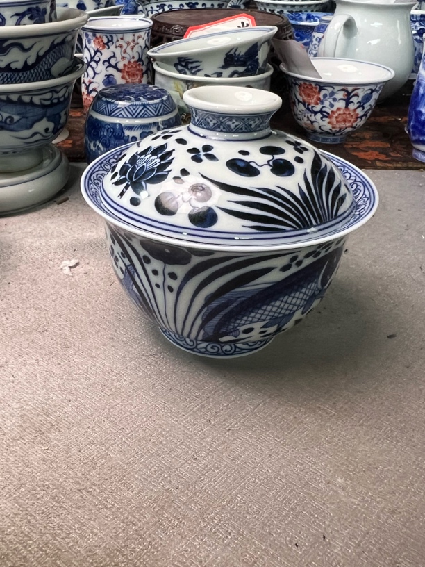 景德镇青花鱼澡二才元宝盖碗，容量130 c