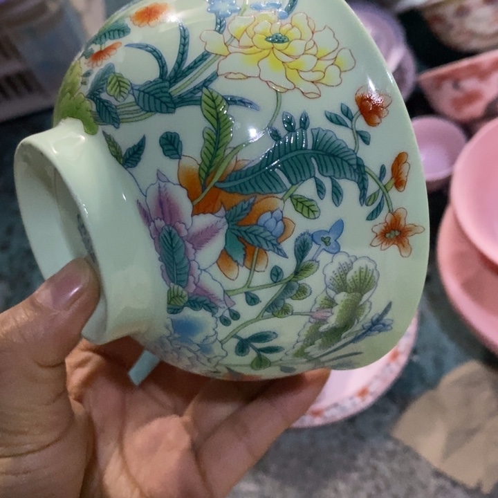 摆件陶5寸绿稀土万花碗