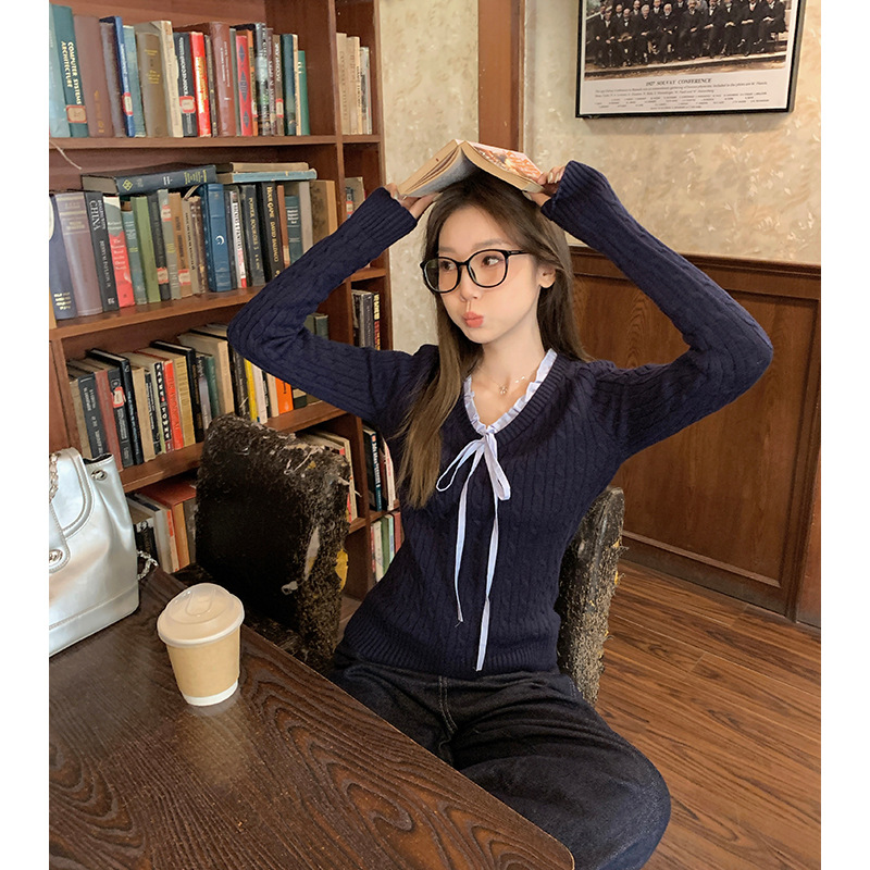 亦声麻花设计感木耳边领针织衫女秋冬小香风蝴蝶结修身内搭打底CP
