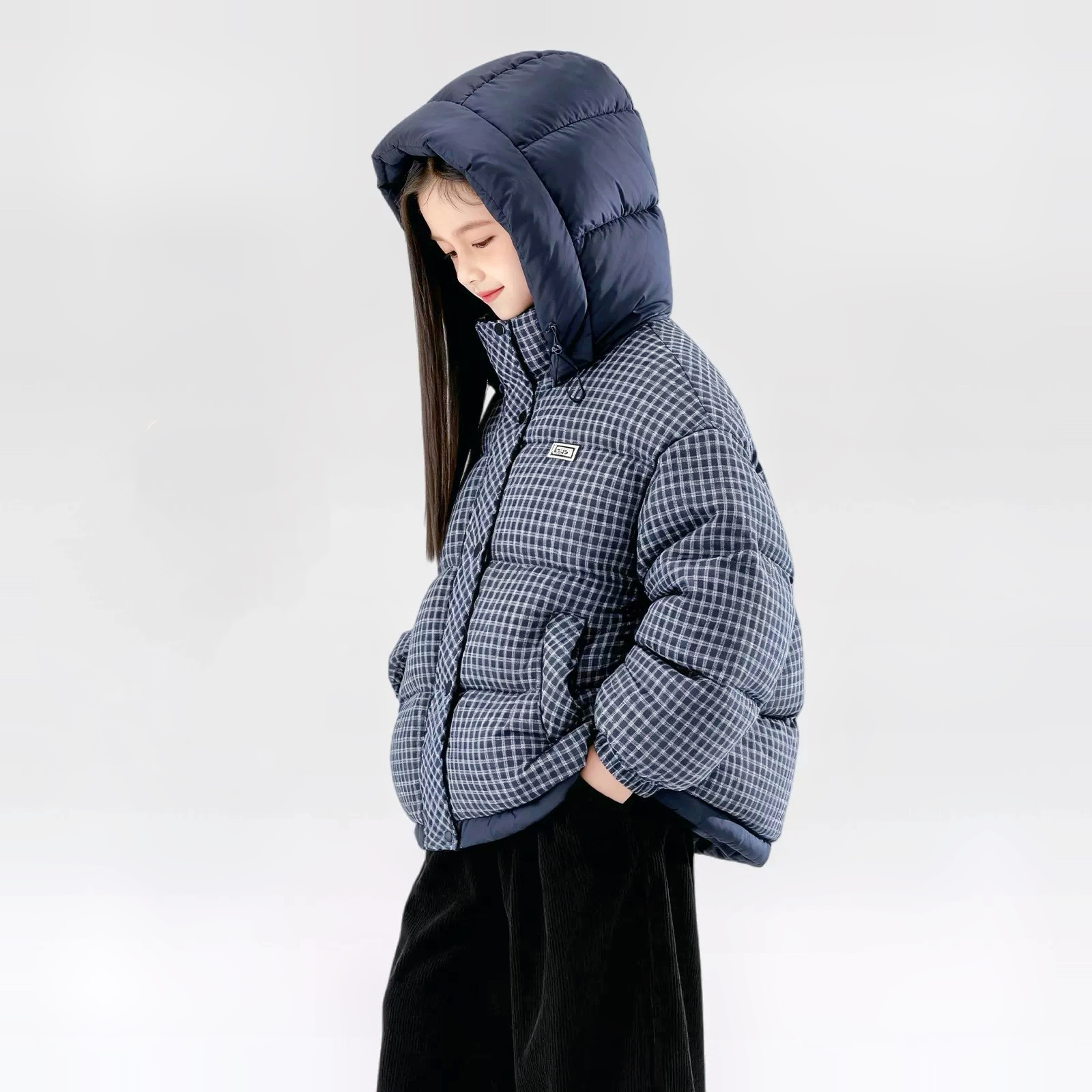 女中大童连帽加绒加厚款格子外套加厚时尚保暖秋冬