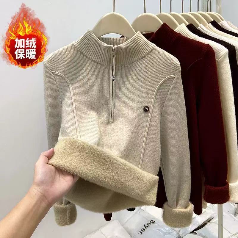 半拉链加绒一体织针织毛衣女半高领正肩加厚内搭打底衫上衣&5100