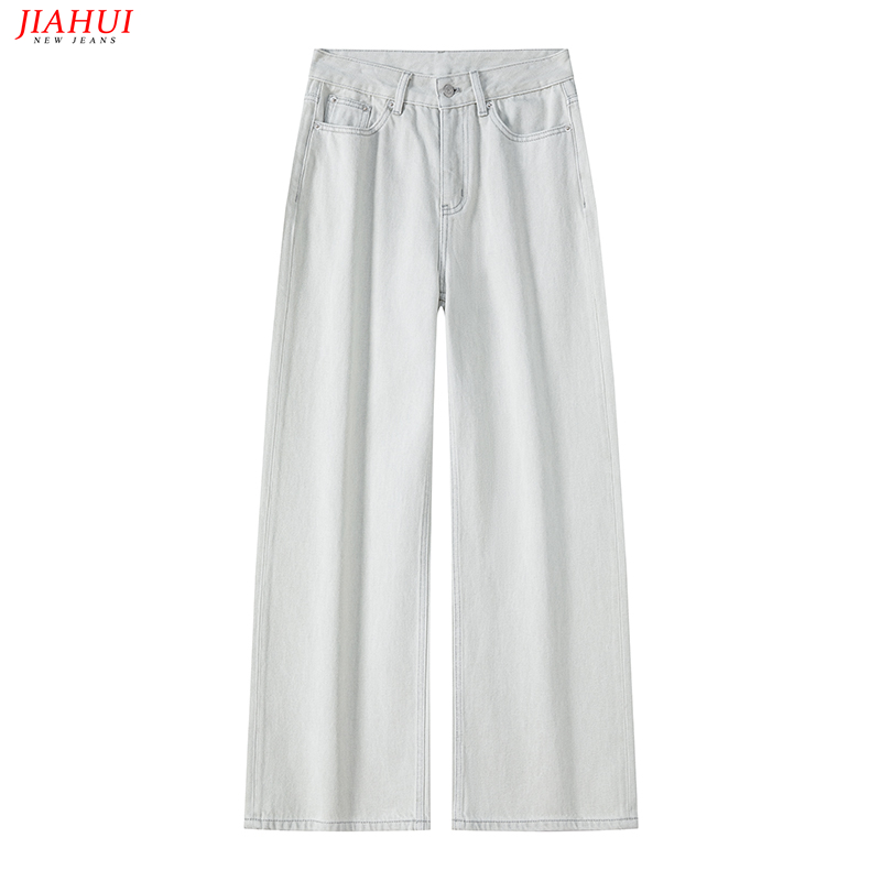 窄版阔腿牛仔裤女高腰宽松垂感米灰色2025春夏新款修身显瘦直筒