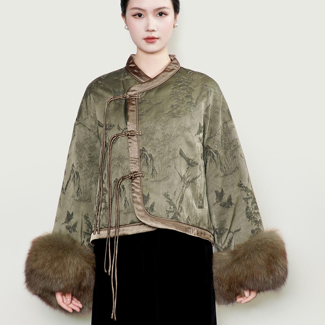 盛唐牡丹深豆绿提花偏襟皮草羽绒服复古中国风印花国风新中式女装