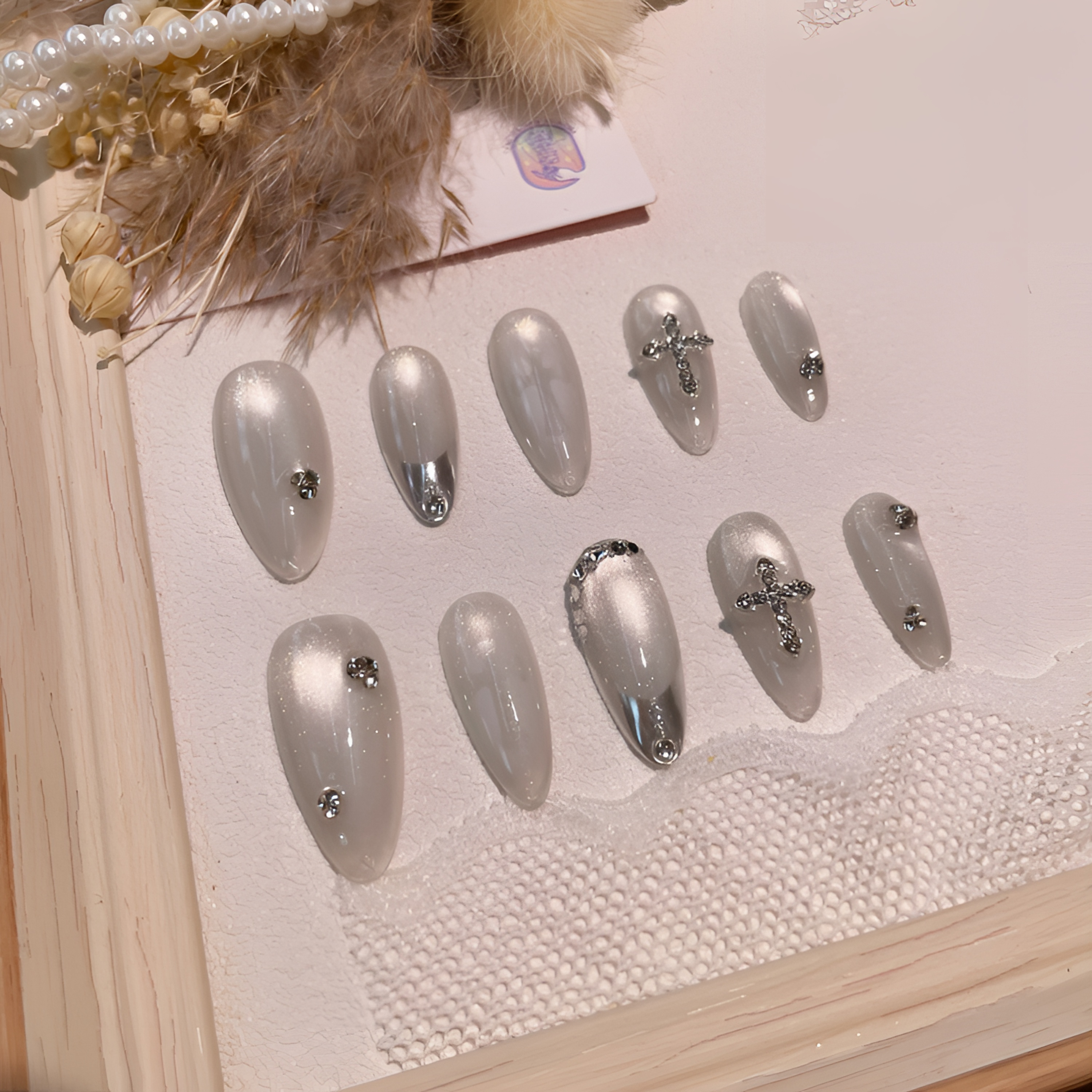 A2214『冷镜十字』清冷酷飒风盈润猫眼镜面法式拼十字架手工穿戴甲