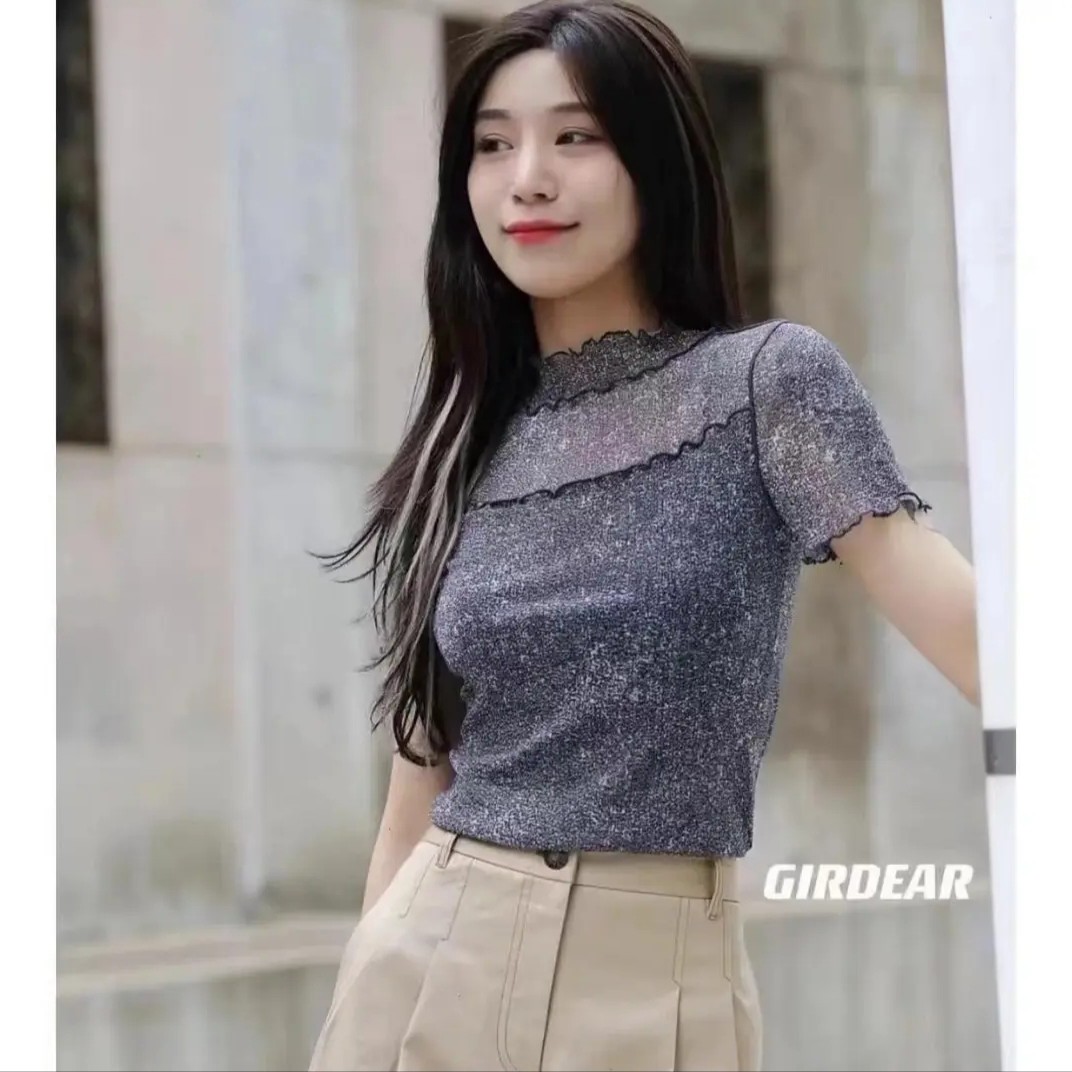 哥弟新款女装通勤百搭气质时尚显瘦拼接烟管领修身短袖T恤1300643