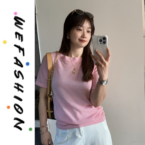 【WE】领口铁扣设计一字领纯色薄款针织短袖