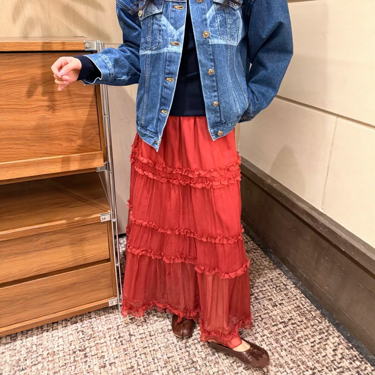 现货【新年红色半身长裙】小众品牌桑蚕丝木耳边百褶裙蛋糕裙子女