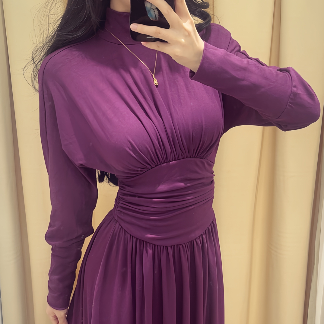 秋季轻熟风高领收腰显瘦气质长袖连衣长裙 