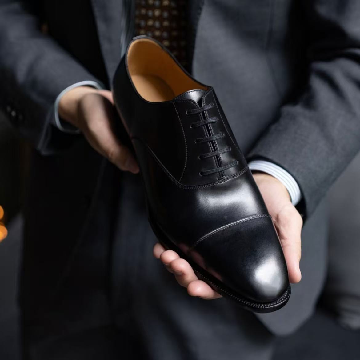 雅生AXEN手工固特异意大利box小牛皮黑色男士牛津三接头皮鞋婚鞋