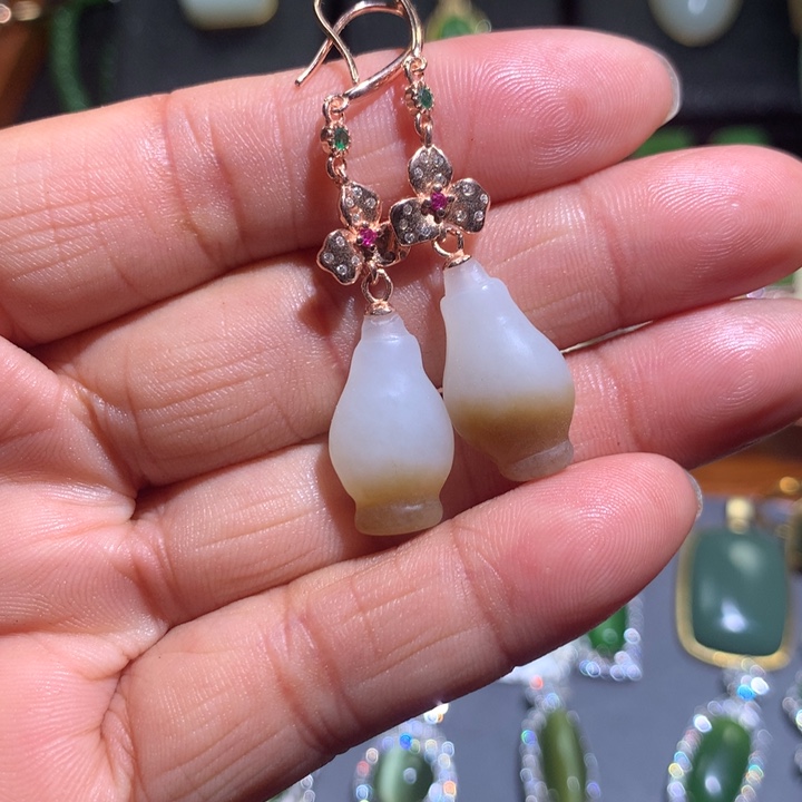 和田玉耳坠银S925镶嵌