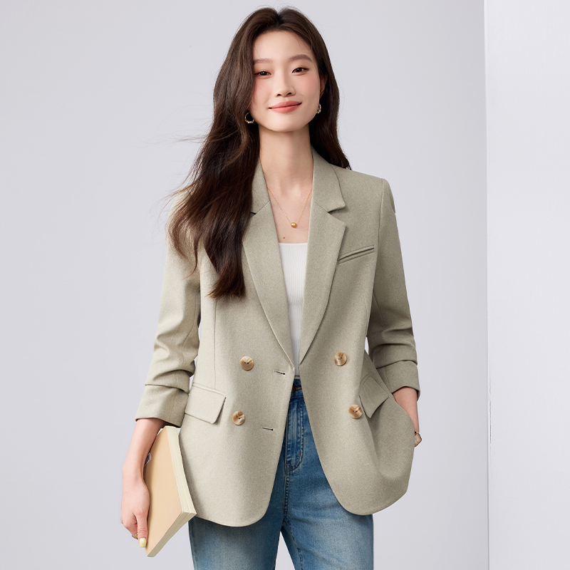 2025年春秋新款宽松中长款双排扣气质长袖时尚休闲百搭西装外套女
