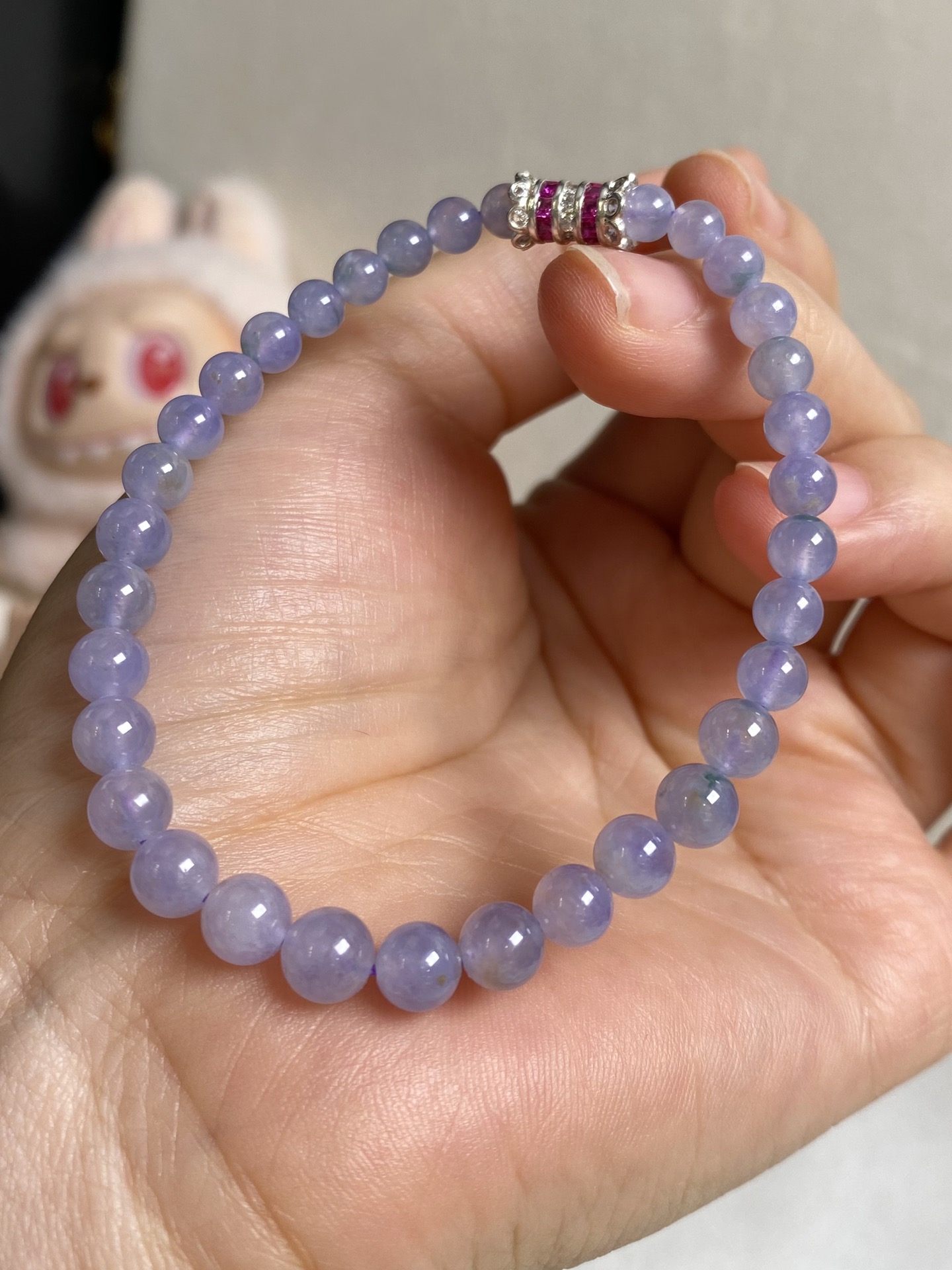 翡翠冰紫圆珠手链 佩戴效果佳 尺寸：4.6mm-6:3mm