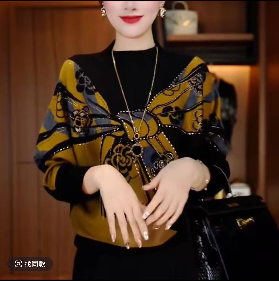 设计款时尚印花女秋冬新款宽松显瘦减龄百搭德绒打底小衫