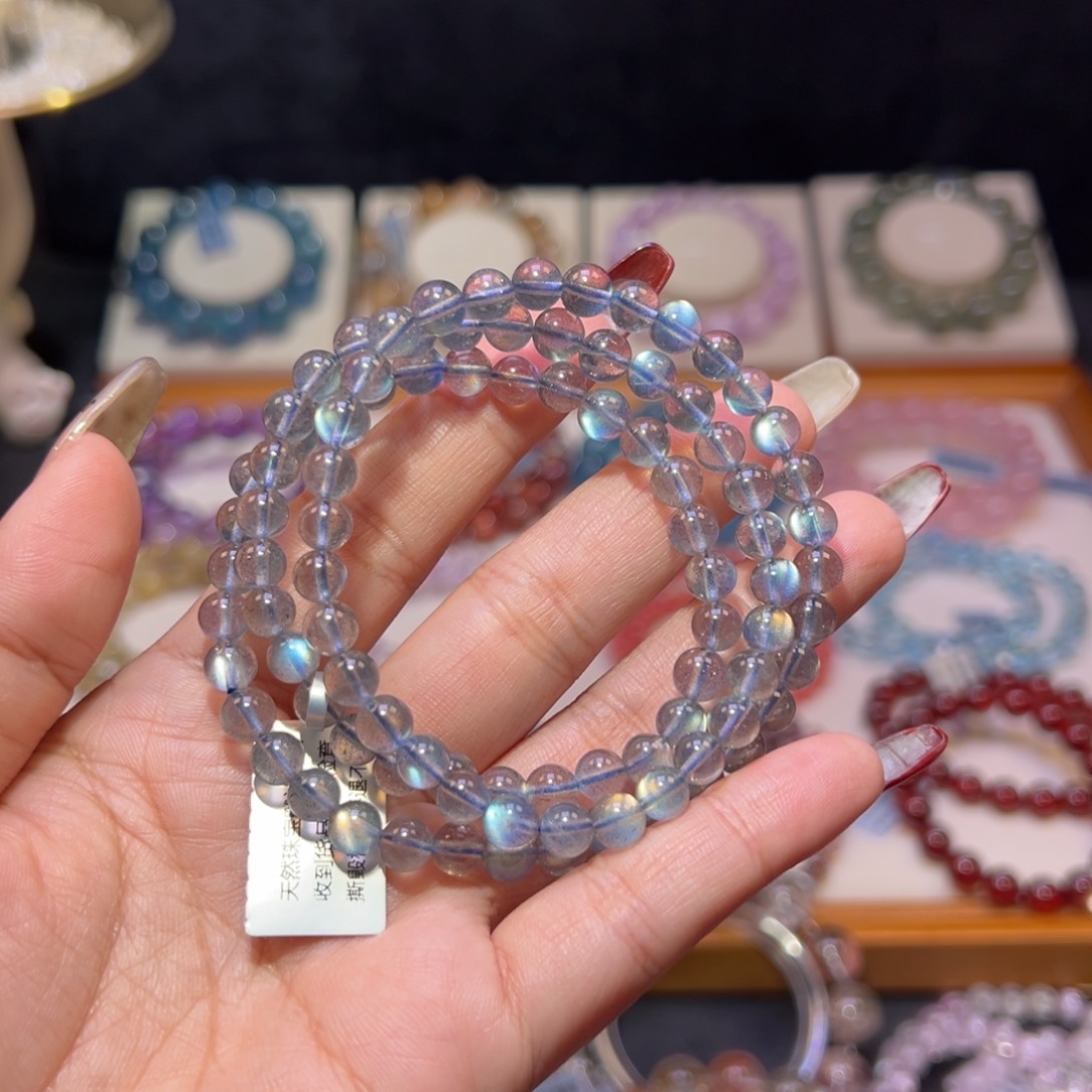 拉长石手串未镶嵌灰月光三圈6.2m m