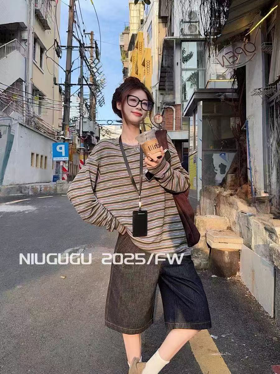 长袖套头圆领卫衣慵懒风条纹早秋秋季时尚显瘦