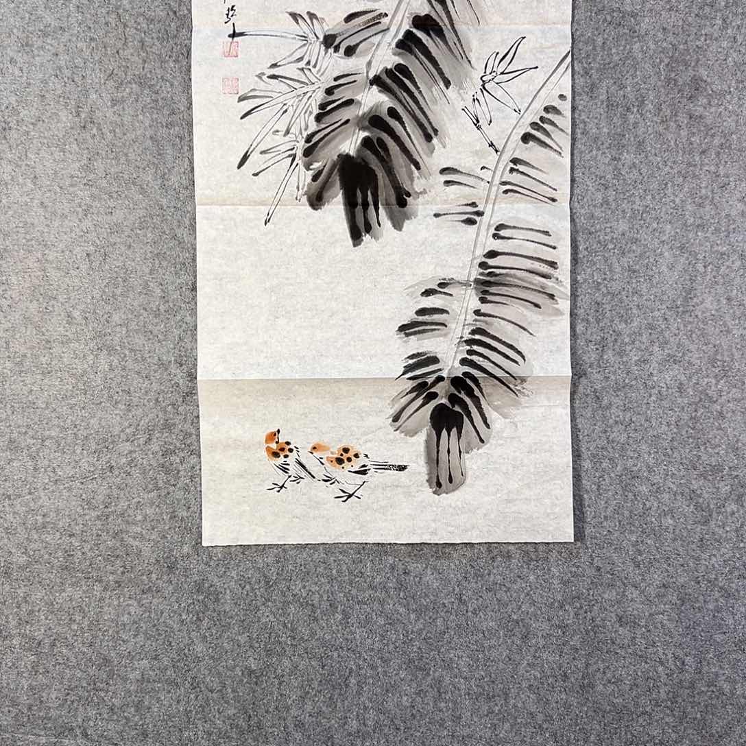 国画326 花鸟在树丛的顶端鸣叫叫声中